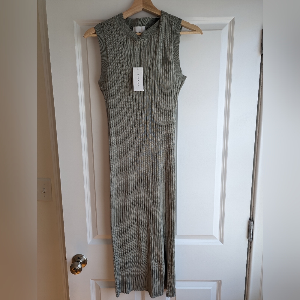 Green Olive Rib Knit Midi Dress